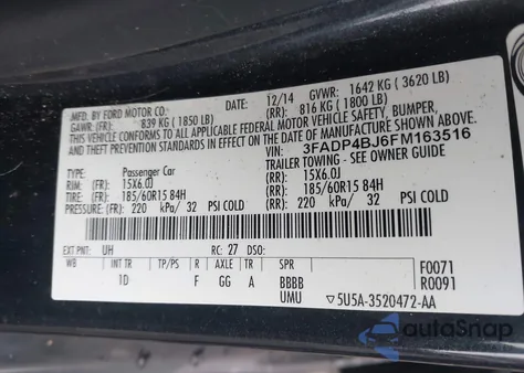 2015 Ford Fiesta Se из США, поврежденный, VIN 3FADP4BJ6FM163516